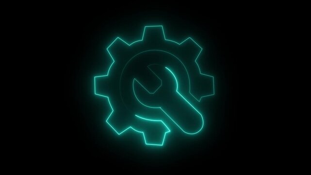 Glowing neon line setting icon with spinning gears icon animated. neon line gear and networking system Glowing Spinning gears animation on black background Motion graphics of concept.