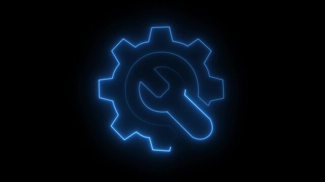Glowing neon line setting icon with spinning gears icon animated. neon line gear and networking system Glowing Spinning gears animation on black background Motion graphics of concept.