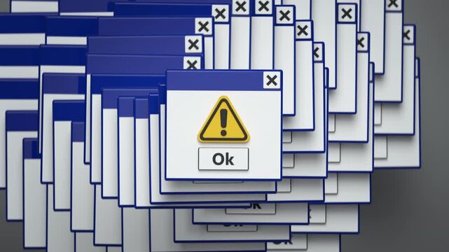 Numerous overlapping computer warning dialog windows with alert symbols. Concept of software errors, system overload, repeated notifications, technical problems and malfunction. 3D Render Animation