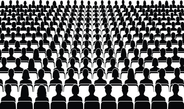 Black silhouette crowd of seated audience people in rows of theater seats viewed from behind, men and women with varied hairstyles