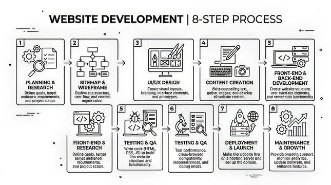 Illustrated infographic showing the eight-step process of website development workflow.