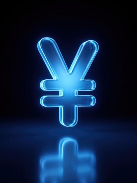 Glowing blue yen currency symbol above a reflective dark surface. Japanese yen and global finance concept. Foreign exchange, banking and digital payments. Financial technology graphic.