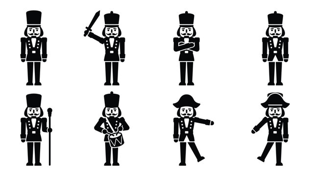 Solid black vector Christmas nutcracker soldier icons set featuring traditional German wooden holiday decorative puppets characters
