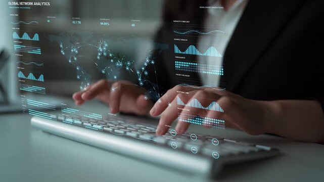 A person types. Global connectivity links distributed users and services, while monitoring reveals differences in traffic, transmission quality and response time across the network.