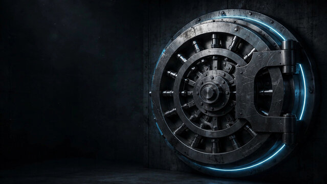Steel bank vault door security | copy space photo background