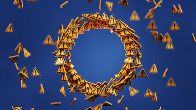 Yellow warning signs forming a circular ring while more alerts floating around it. Concept of recurring problems, risk, caution, system alerts, errors and continuous issues. 3D Render Animation