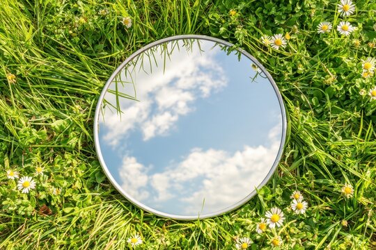 Round mirror on grass reflecting blue sky with clouds