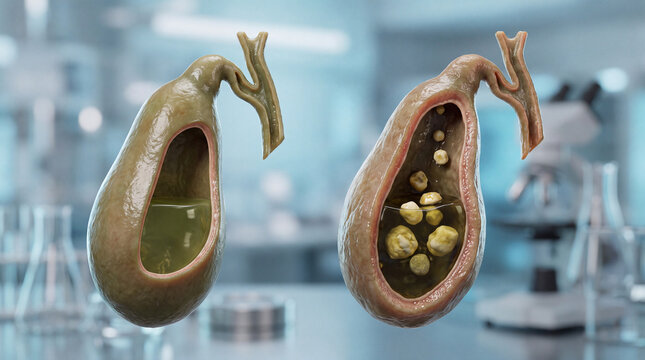 Healthy Gallbladder vs Gallstones, Cholelithiasis Medical Comparison, 3D Visualization