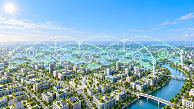 Smart city infrastructure network with iot connectivity icons over sustainable modern urban landscape