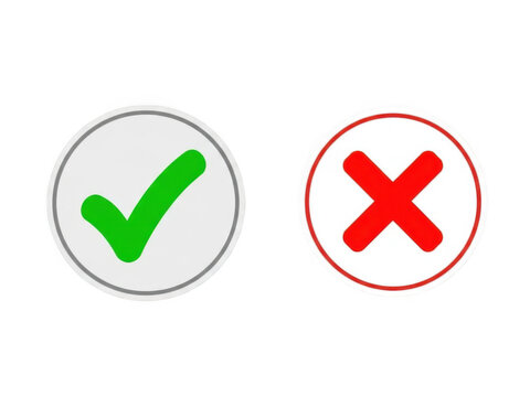 Green check mark and red cross sign icons for survey and selection choice isolated on transparent background