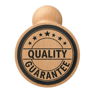 Wooden stamp with quality guarantee text and star symbols on a round seal isolated on transparent background