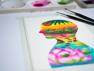 human head peace mind meditation concept mindfulness calm mental health yoga heal balance psychology body harmony art design illustration drawing color watercolor painting class workshop relax hobby © Benjavisa Ruangvaree