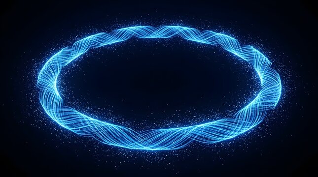 An abstract digital oval frame created from luminous glowing blue particles set against a dark backdrop symbolizes advanced technology and groundbreaking innovation concepts