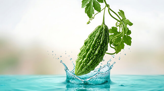Fresh green bitter gourd splashing in water, organic bitter melon with vine leaves, healthy herbal vegetable ingredient