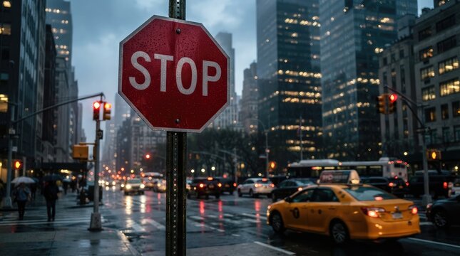 Wet stop sign at busy city intersection during evening traffic with pedestrians with corner amid evening traffic light street corner street level