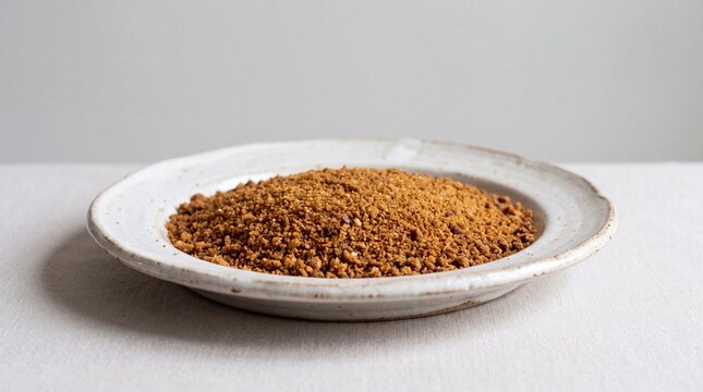 A mound of natural coconut sugar on a rustic white plate, highlighting its fine granulated texture.