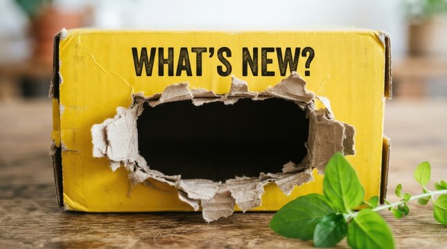 Yellow box with torn opening revealing empty space and question about new developments on wooden surface with updates empty interior displays text asking