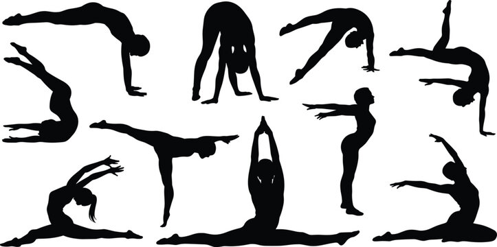 Flexible yoga girl posture and gymnastic split silhouette collection set