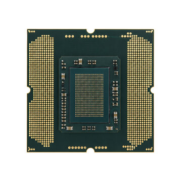 Central Processing Unit computer chip processor pins underside closeup isolated on white background