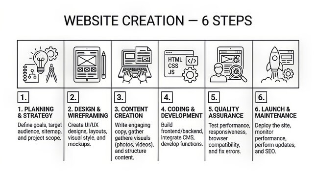 Step-by-step infographic illustrating the process of website creation and development.