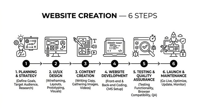 Infographic illustrating six essential steps for creating a professional website.