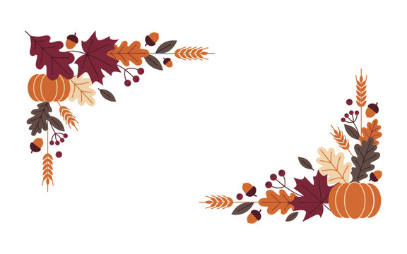 Autumn harvest corner border with pumpkins maple leaves and wheat
