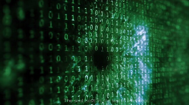 Human face emerging from green binary code digital