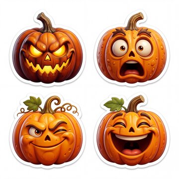 Sticker pack of four 3D rendered pumpkins with funny facial expressions