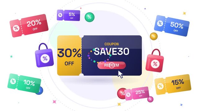 Discount Coupon Animation Storyboard with Colorful Sale Tags and Shopping Bags, 30 Percent Off Promo Code Redeem Motion Frames