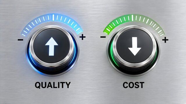 Metallic control panel interface featuring dials adjusting product quality to maximum level while reducing production cost to minimum for business efficiency.