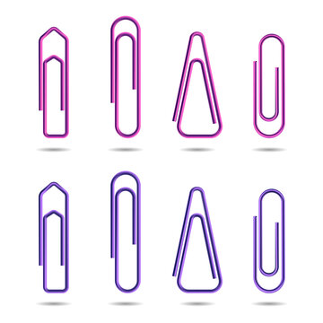 Neon paperclips in pink and purple colors transparent background