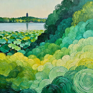 Impasto Oil Painting of West Lake and Pagoda
