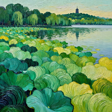 Impasto Oil Painting of West Lake and Pagoda