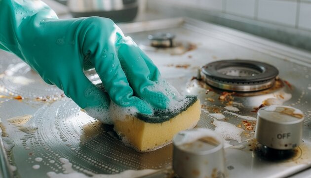 Close-up gloved hands cleaning a dirty stovetop covered with dried food residue and grease.