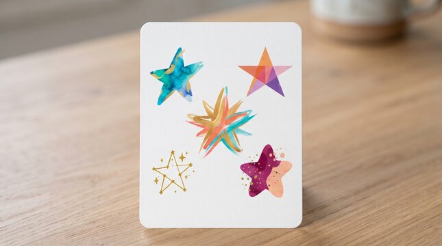 Abstract colorful artistic star shapes and celestial designs printed on white card standing on light wooden desk surface, bright studio lighting with clean minimalist composition for creative projects