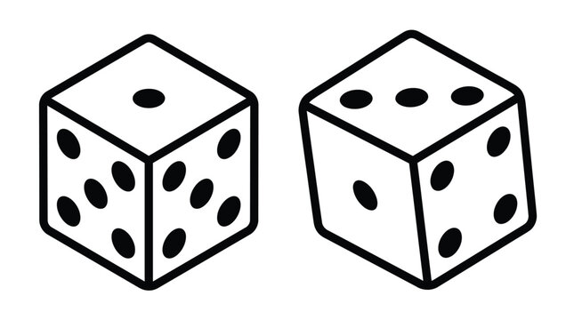 Two dice vector graphic illustration with bold black outlines and minimalist flat white design style