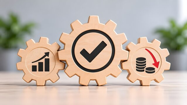 Three interconnected wooden gears displaying business growth chart approval checkmark and cost reduction coin symbols representing efficient workflow optimization and financial success.