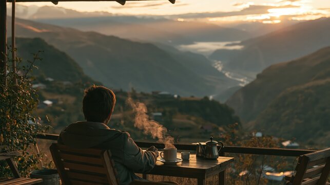 Traveler sitting alone at a roadside cafe overlooking a mountain valley at sunrise, in a calm cinematic mood