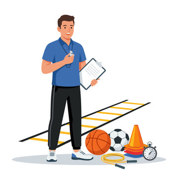 Coach Standing with Sports Training Equipment and Clipboard Vector