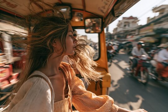 Woman taking a tuk-tuk ride through busy city streets with hair blowing in the wind, with generous copy space