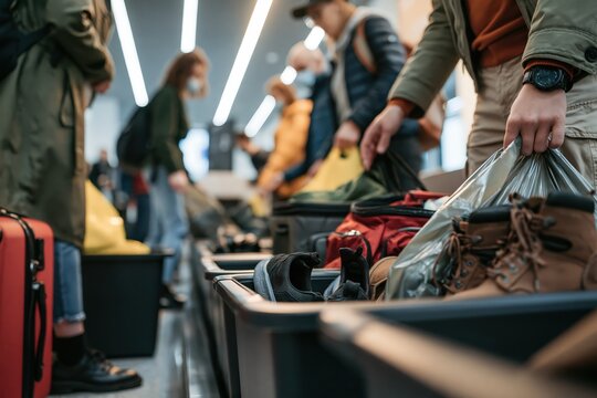 Travelers placing bags and belongings in bins at an airport security checkpoint, with generous copy space