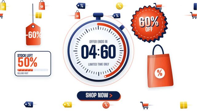 Flash Sale Countdown Timer Animation Storyboard with Discount Tags, Shopping Bag and Stop Now Button in Orange Blue