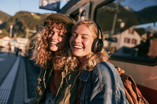Two travelers from different countries sharing headphones and laughing at a mountain train station, with a shallow depth of field