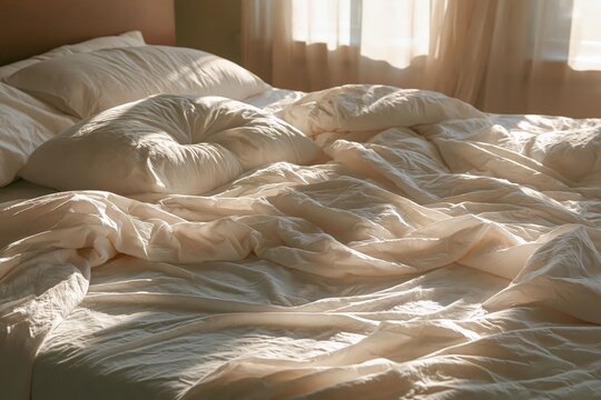Unmade bed with crumpled white linen sheets and a dented pillow in soft morning light, in a calm cinematic mood