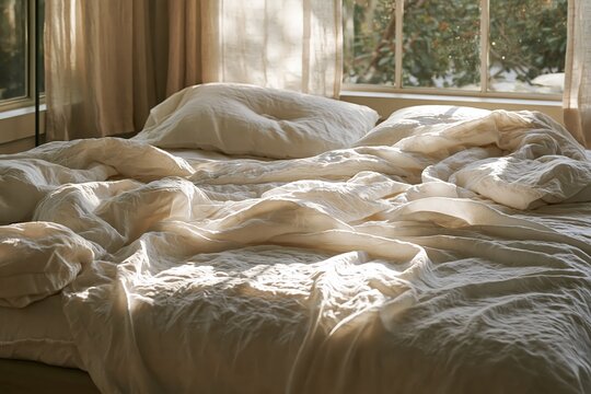 Unmade bed with crumpled white linen sheets and a dented pillow in soft morning light, with a clean uncluttered composition