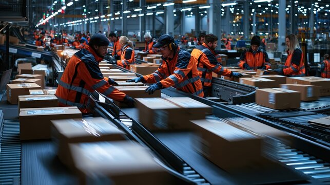 Wide shot of a busy distribution center with diverse workers sorting parcels on conveyor belts, with a clean uncluttered composition