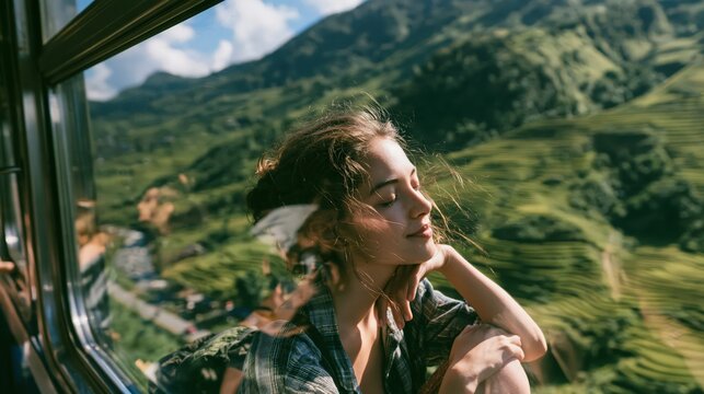 Woman gazing out of a train window at passing green mountains and terraced valleys, with generous copy space