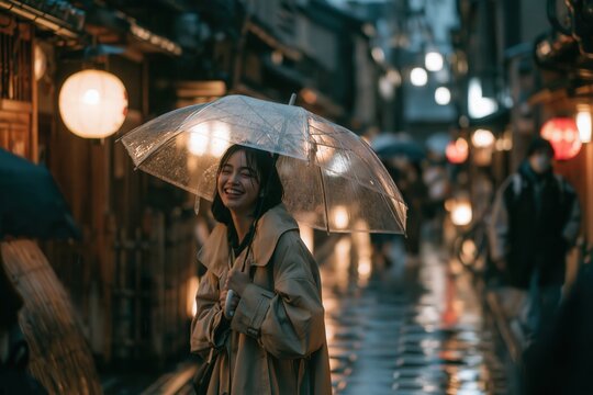 Young Asian woman laughing under a clear umbrella caught in sudden rain in a lantern-lit alley, with a clean uncluttered composition
