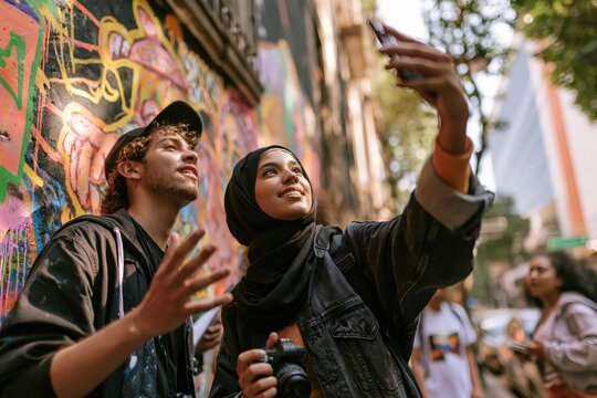 Young Muslim woman in a hijab photographing colorful street art and chatting with locals, with a clean uncluttered composition