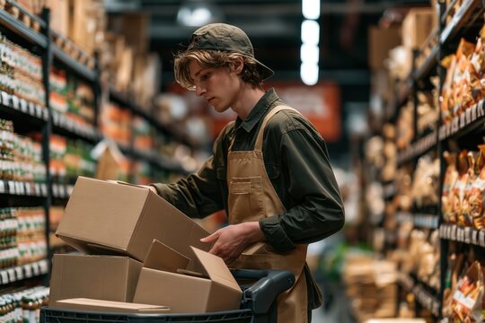 Young retail employee restocking grocery shelves with boxes before the store opens, with generous copy space